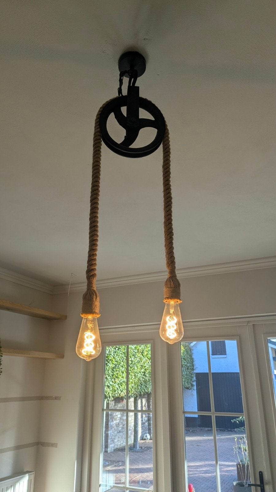 Industriële hanglamp met touw en katrol - Zo goed als nieuw, Ophalen, Industrieel, Landelijk, Vintage, E27 (groot), Zo goed als nieuw