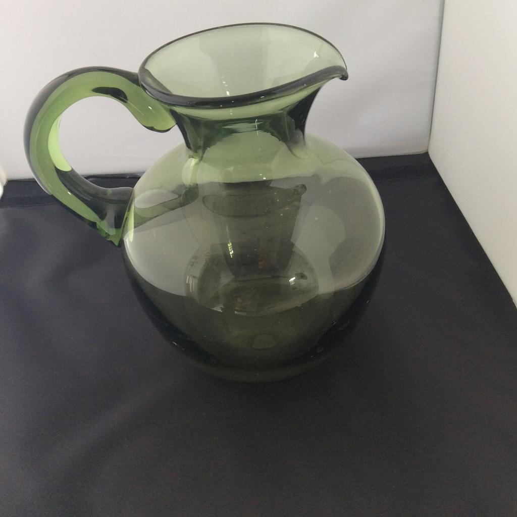 Antieke Groene Glazen Vaas / Kan met Oor - 20 cm, Ophalen of Verzenden