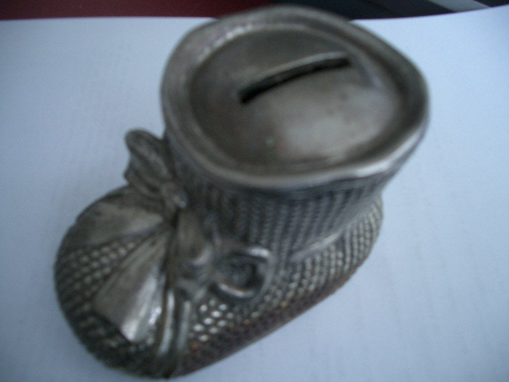 spaarpot sparen geld schoen kinderschoen kind rvs decoratie, Ophalen of Verzenden, Gebruikt, Metaal of Blik, Object of Gebouw