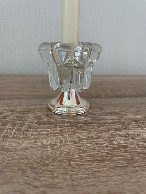 Glazen kandelaar met verzilverde voet, Gebruikt, Ophalen of Verzenden, Glas, Kandelaar
