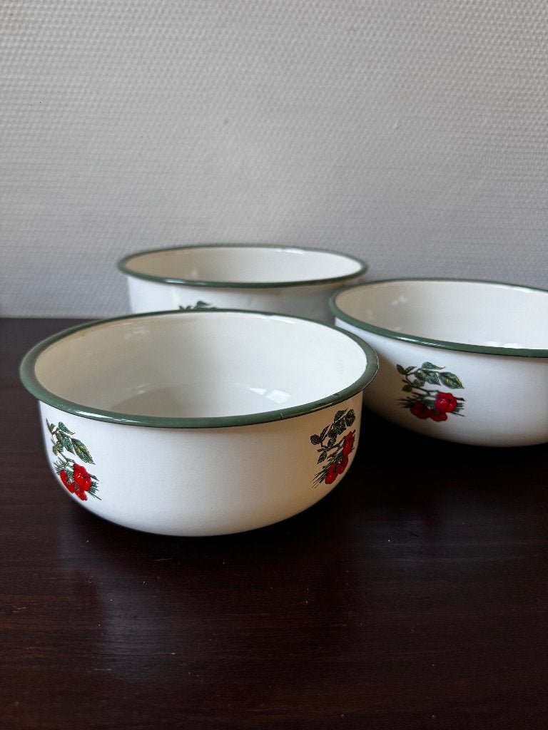 Vintage Emaille Nestschalen met Paprika Decor, Schalen Set, Ophalen of Verzenden