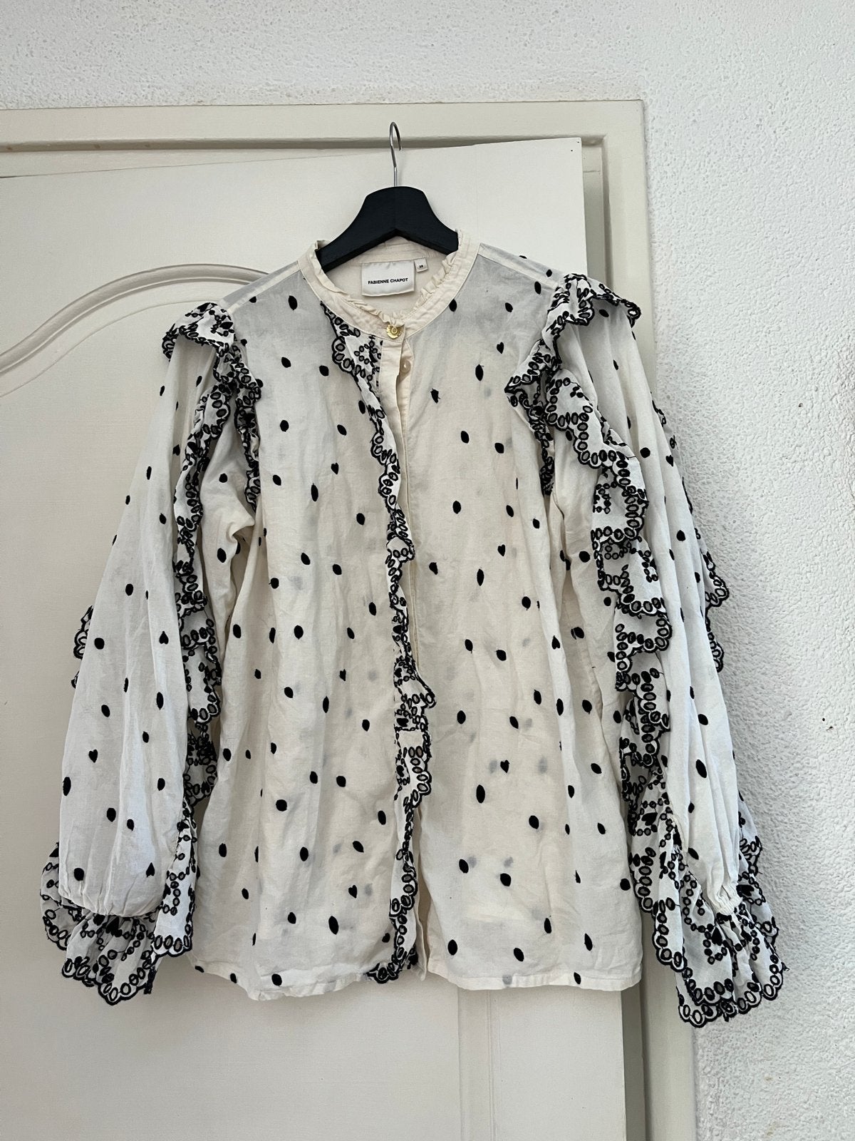 Fabienne Chapot blouse met stippen en ruches, maat 38, Ophalen of Verzenden, Gedragen, Maat 38/40 (M), Wit