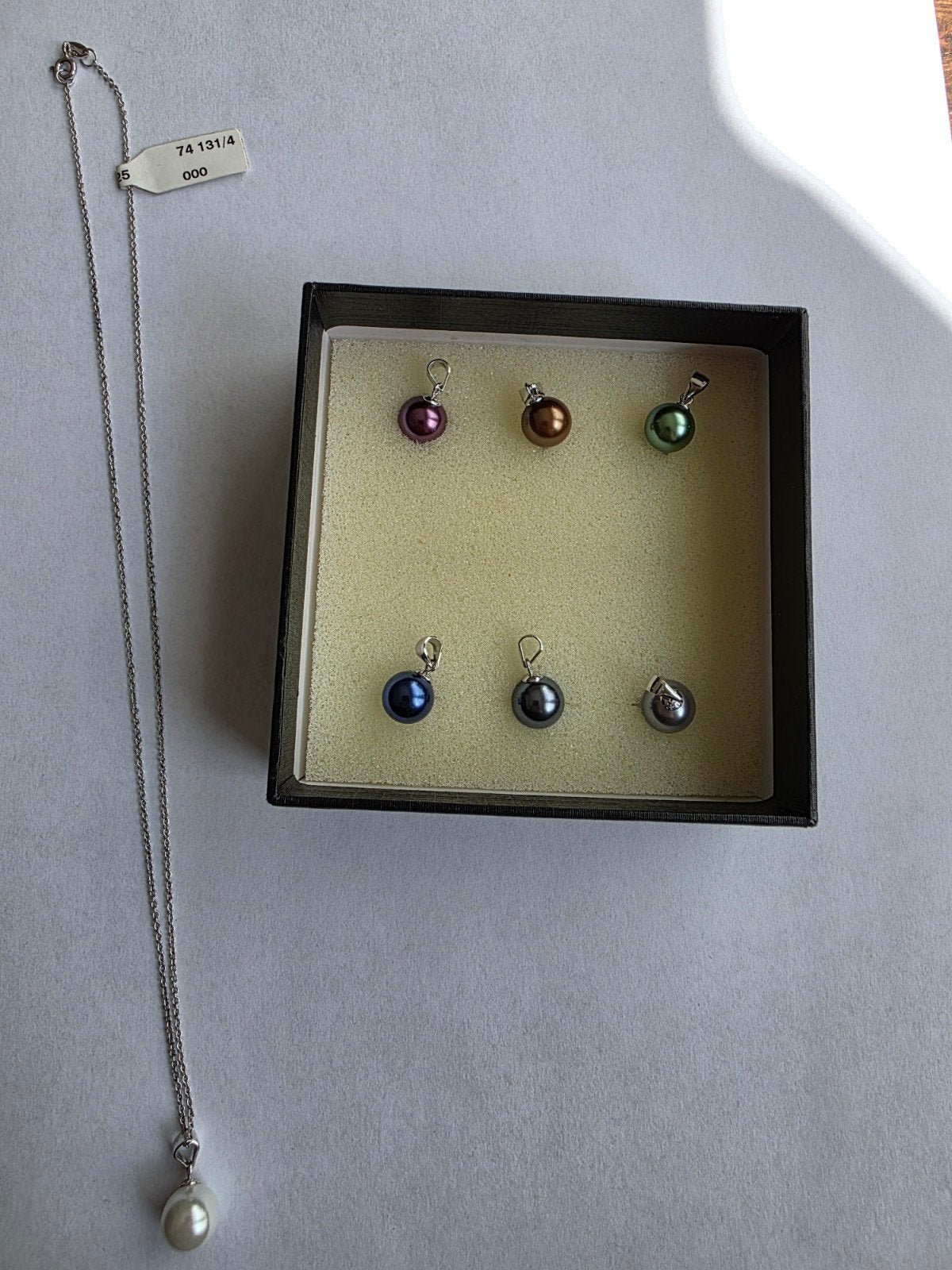 Vintage Zilveren Ketting met 7 Verwisselbare Parel Hangers, Ophalen of Verzenden, Zo goed als nieuw, Met parel, Zilver