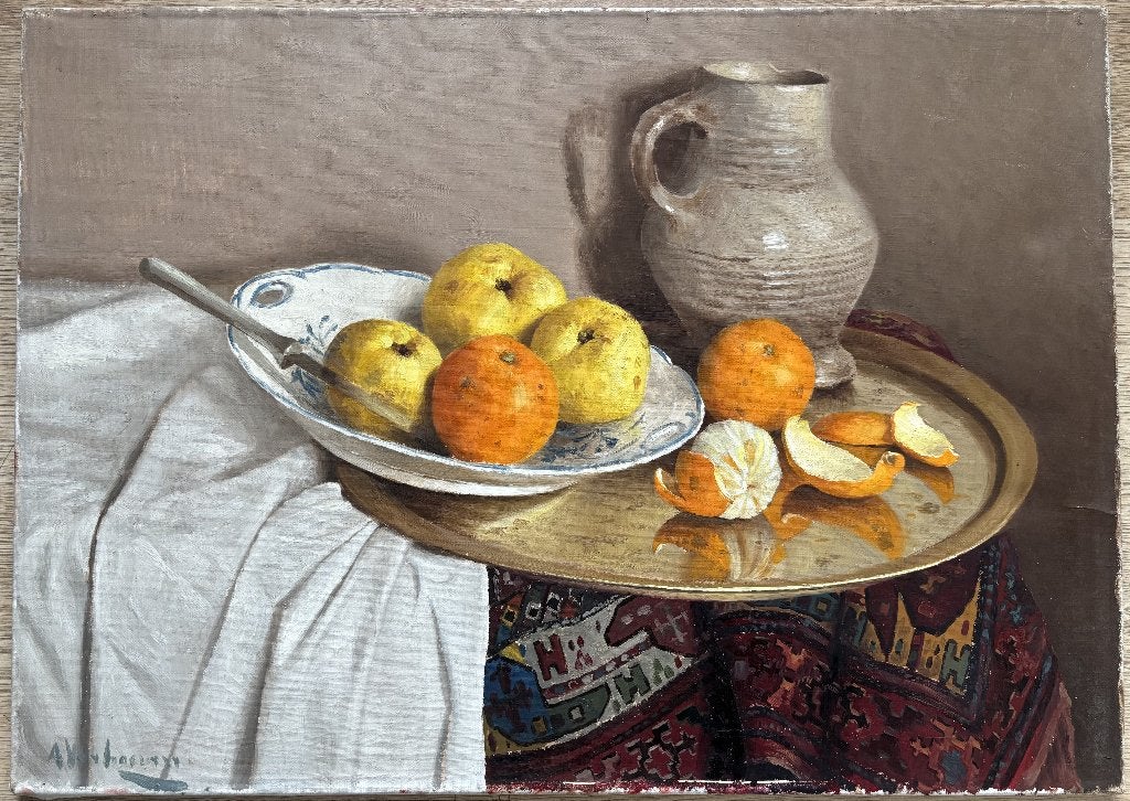 Anton Verhoeven (1920 - 2006) - Stilleven met fruit en kan, Origineel werk, Doek, Stilleven, Ophalen of Verzenden