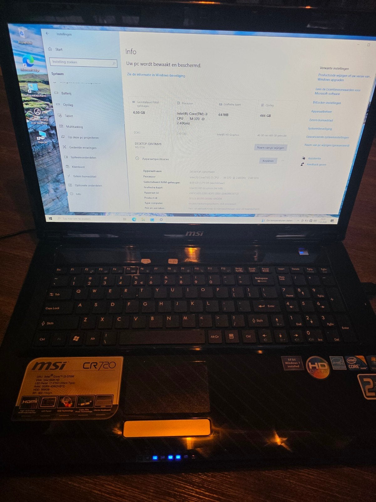 MSI CR720 Laptop - Intel i3-370M, 4GB RAM, 500GB HDD, Gebruikt, 2 tot 3 Ghz, Qwerty, 500GB