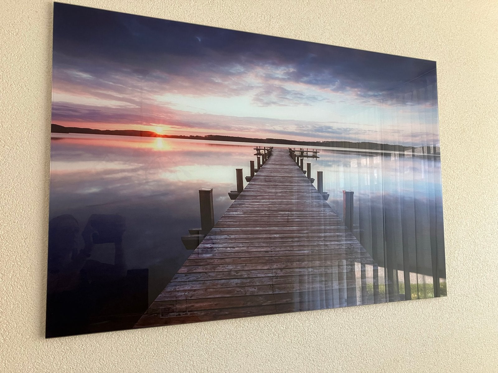 Glasschilderij zonsondergang steiger 120x80 cm, Ophalen, Zo goed als nieuw, Schilderij, 100 tot 125 cm