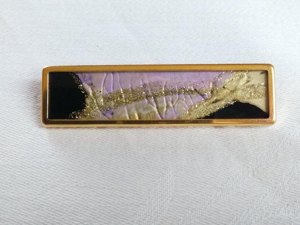 BROCHE 5,7x 1,5 cm, van UHLIG,  met hand beschilderde zijde, Sieraden, Tassen en Uiterlijk, Broches, Overige materialen, 4 tot 7 cm