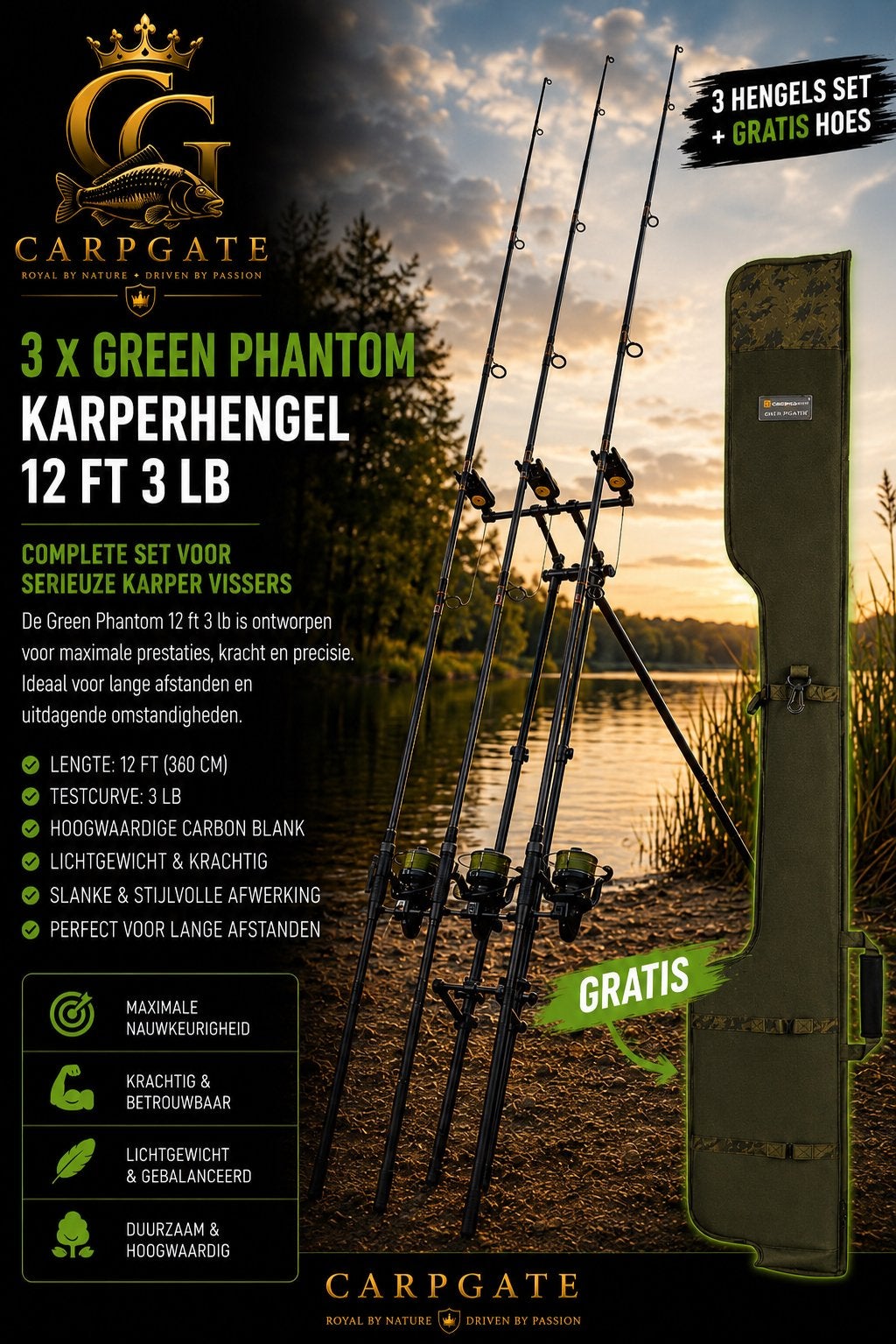 3x Carpgate Green Phantom Karperhengel 12ft 3lb + GRATIS Hoe, Verzenden, Nieuw, Complete set