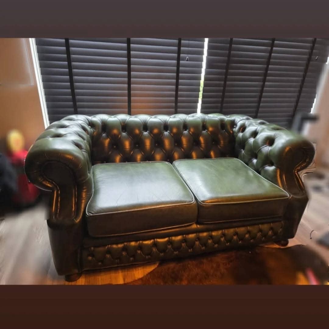 Chesterfield bank 2 zits groen leer, Ophalen, Gebruikt, 150 tot 200 cm, Tweepersoons