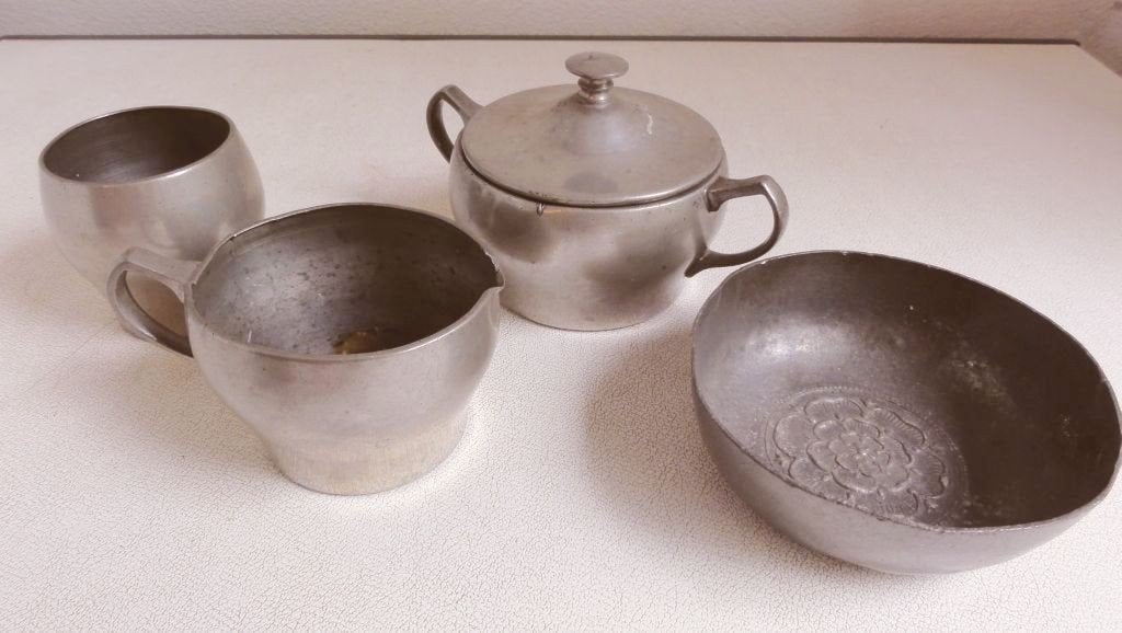 Tin, 4 delig servies setje van tin, Antiek en Kunst, Ophalen of Verzenden