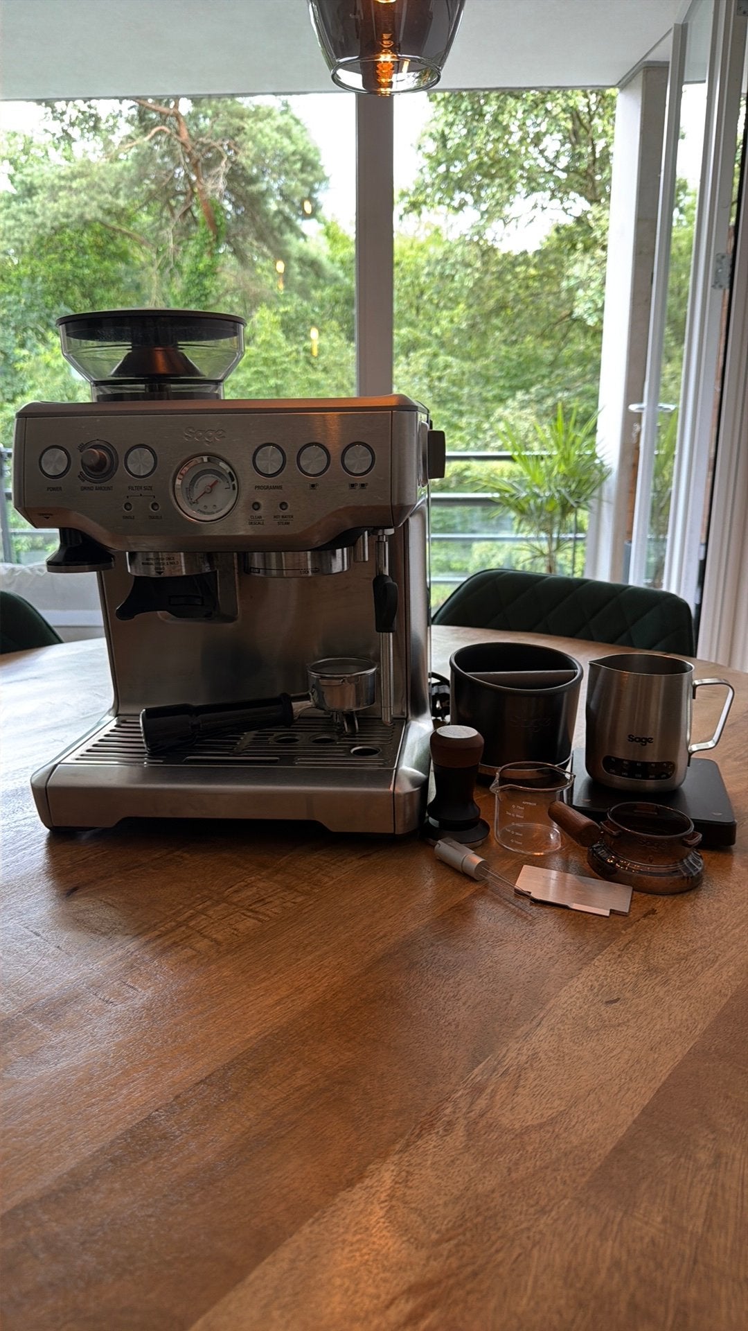 Sage Barista Express Espressomachine + Accessoires +garantie, Ophalen, Afneembaar waterreservoir, Espresso apparaat, Koffiebonen