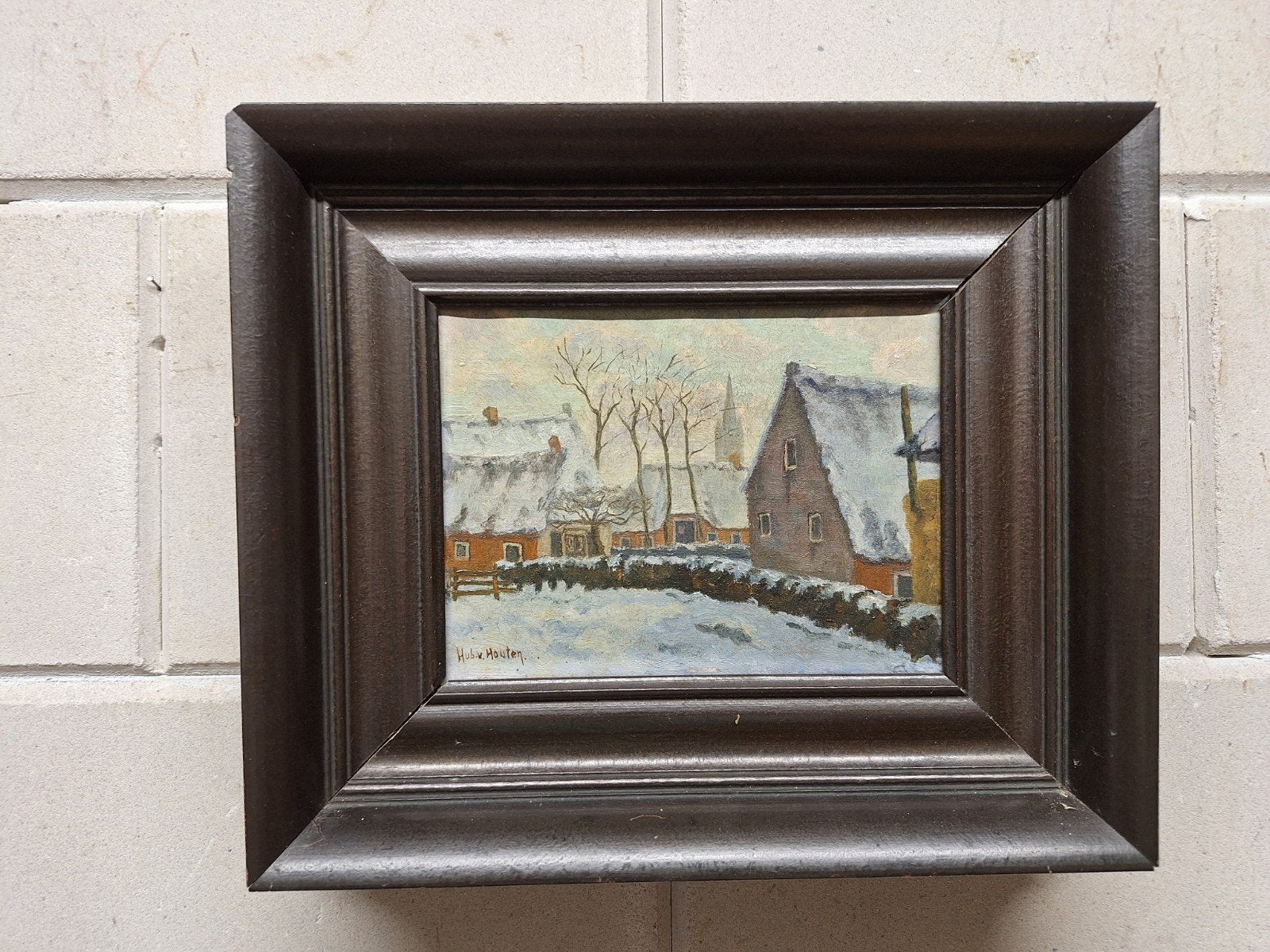 Schilderij Hub. v. Houten - Winterlandschap met huizen, Ophalen of Verzenden