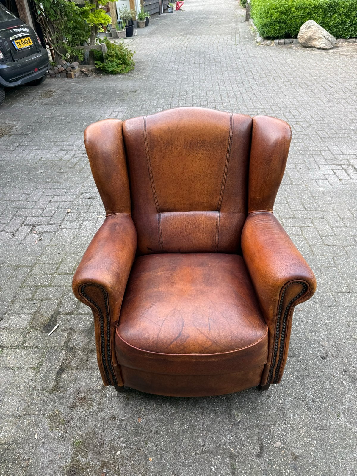 Joris Leren Oorfauteuil - Schapenleer - Vintage Conditie, Ophalen, Gebruikt, Leer, 75 tot 100 cm