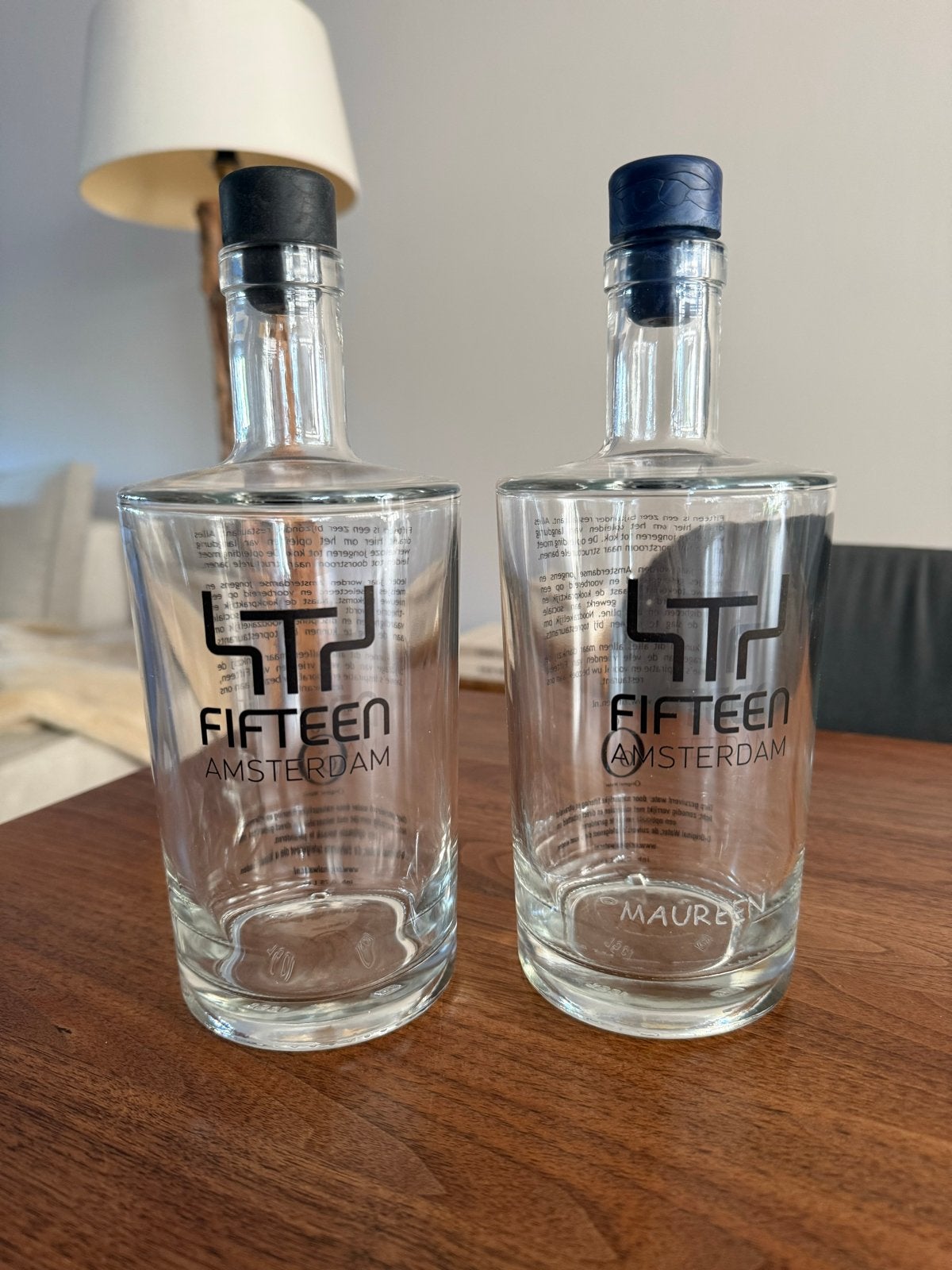 Twee lege Fifteen Amsterdam gin flessen met kurk, Ophalen, Zo goed als nieuw, Transparant, Glas
