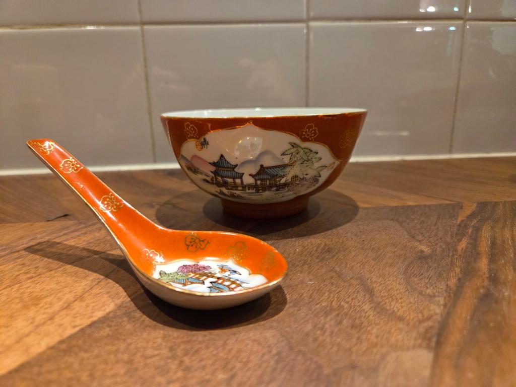 Chinees porseleinen schaal rijstkom en lepel set, Ophalen