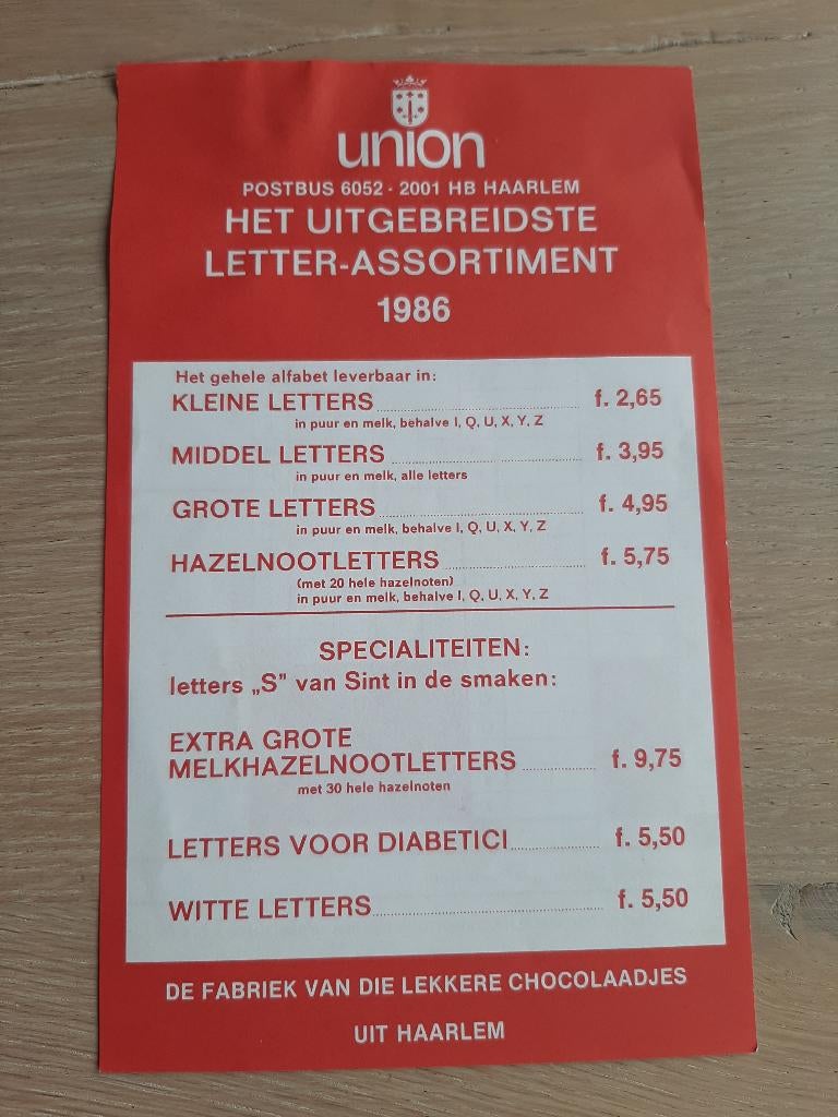 bestelformulier Chocolade letters sinterklaas Union Haarlem, Verzamelen, Merken en Reclamevoorwerpen, Gebruikt, Overige typen