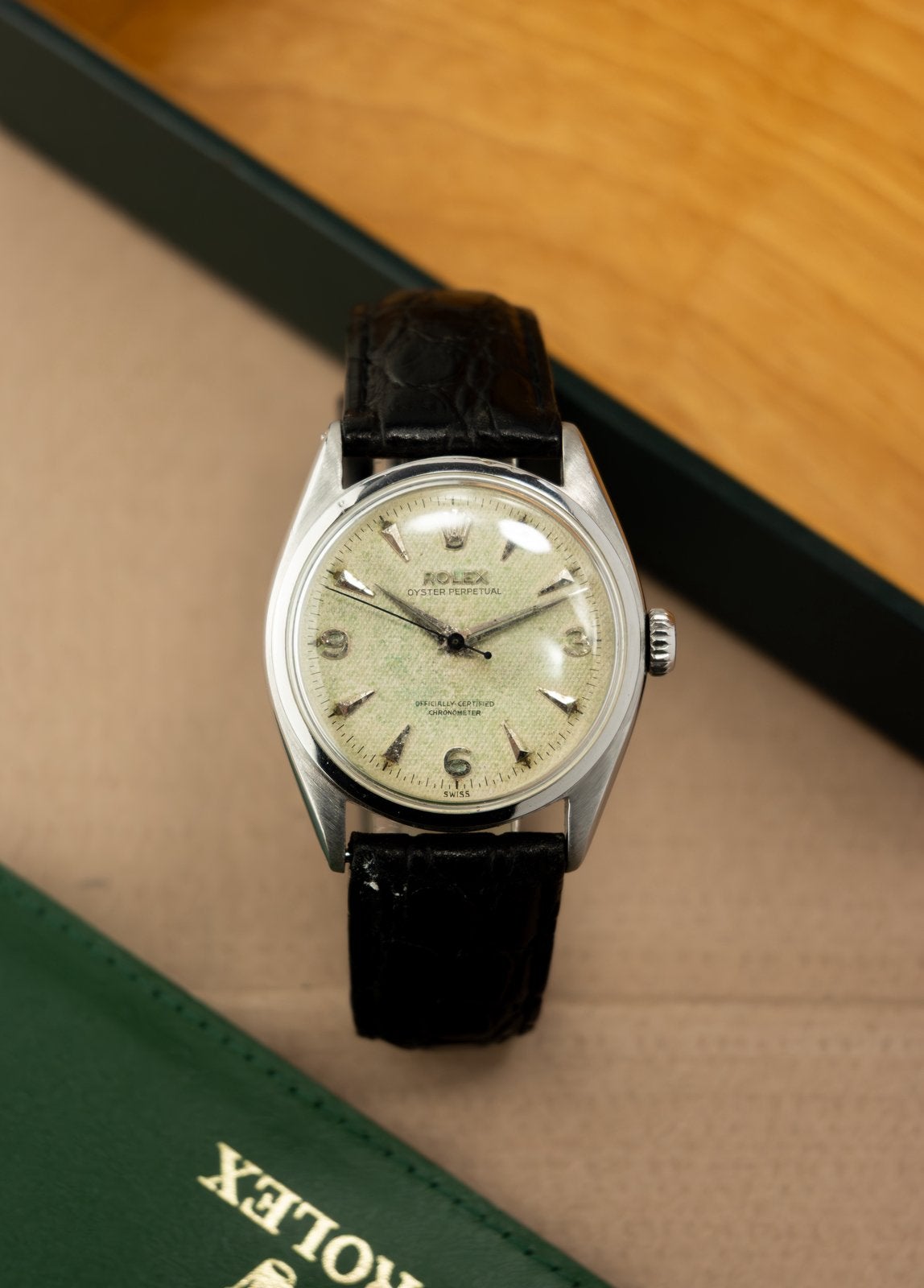 Rolex Oyster Perpetual 34 | Pre Explorer Waffle Dial, Ophalen, Leer, Polshorloge, Zo goed als nieuw