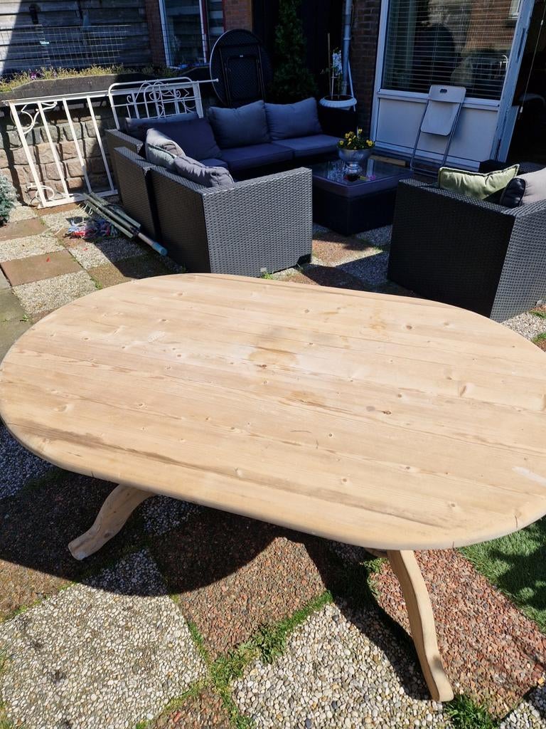 Houten eettafel met mooie poot, tafel is geheel geschuurd, Huis en Inrichting, Tafels | Eettafels, Gebruikt, 100 tot 150 cm, Ophalen of Verzenden
