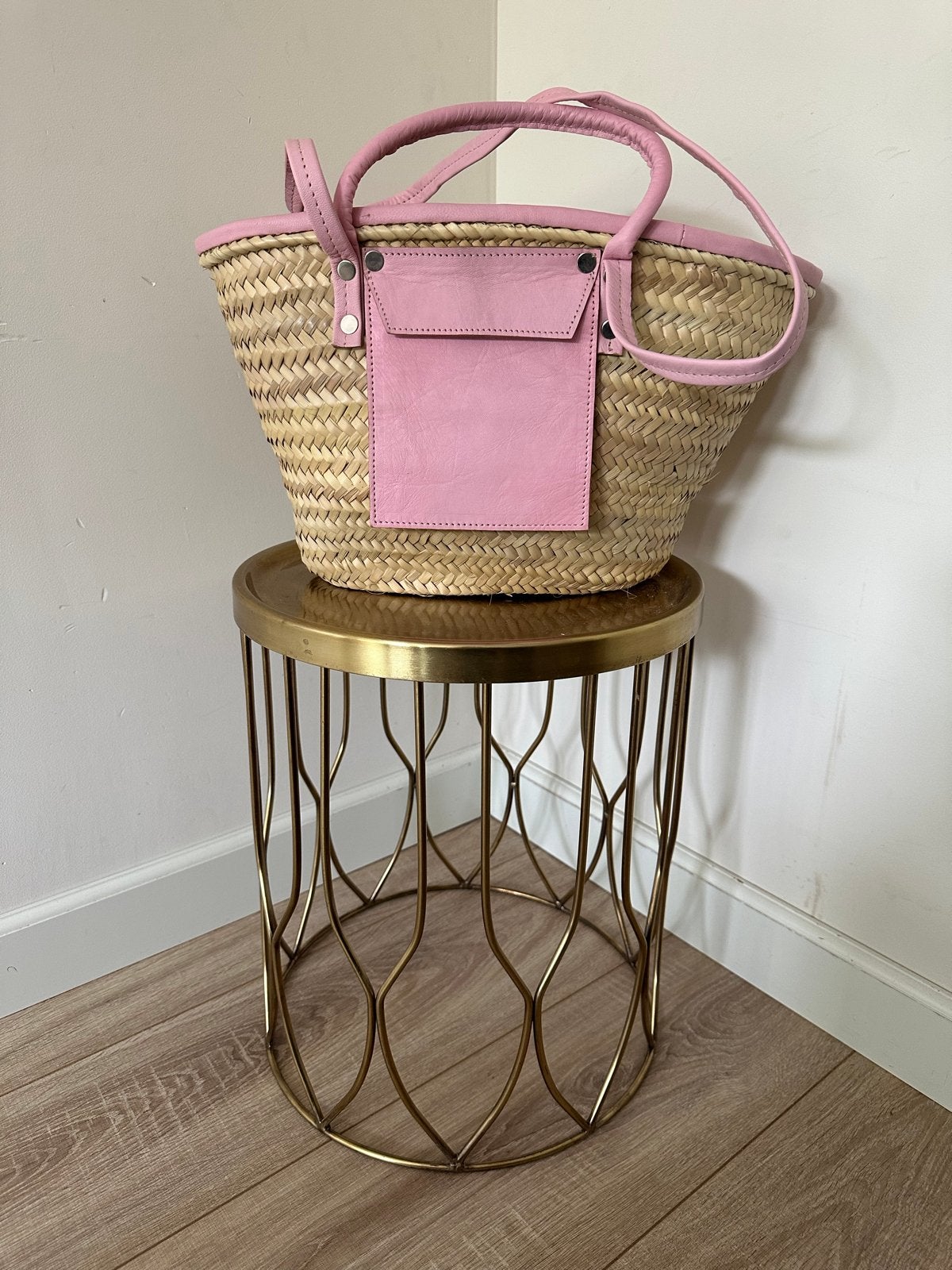 Marokkaanse handgemaakte rieten tas met leren details roze, Ophalen of Verzenden, Nieuw, Roze, Shopper