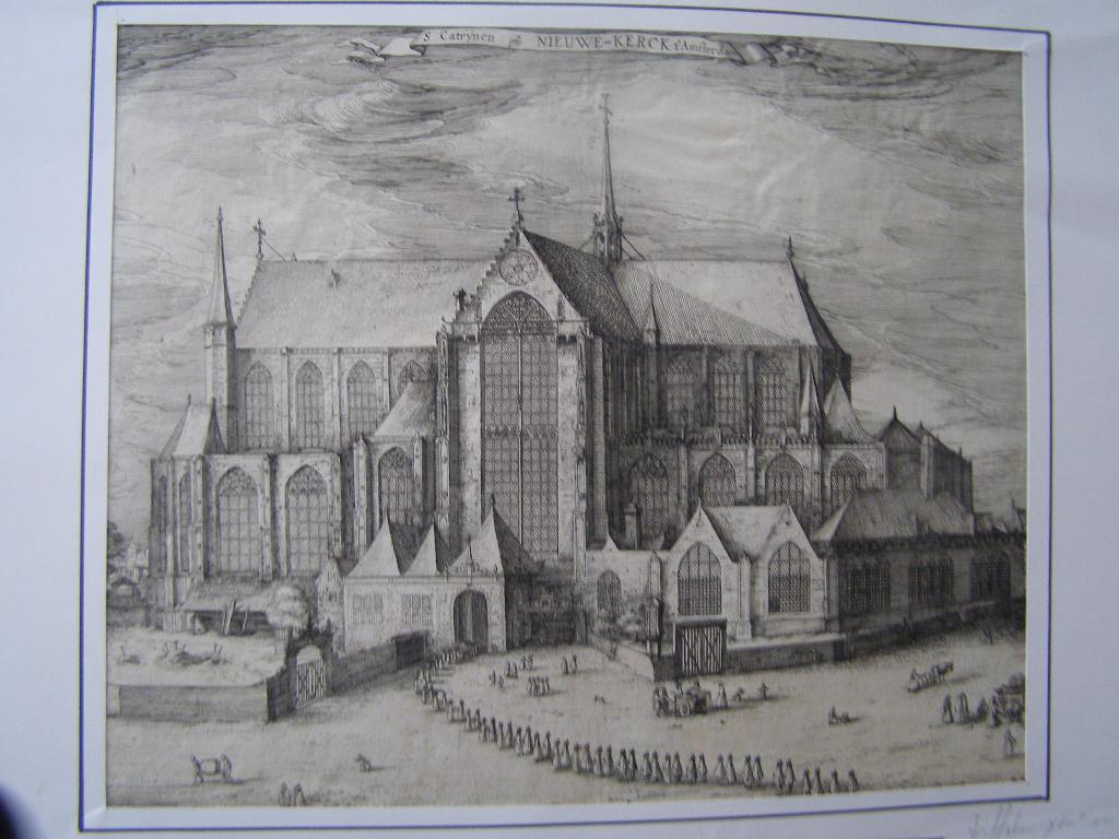 gravure St Catrynen of Nieuwe kerk Amsterdam grote gravure, Antiek en Kunst, Kunst | Etsen en Gravures, 25 cm, Stadsgezicht, Ophalen of Verzenden