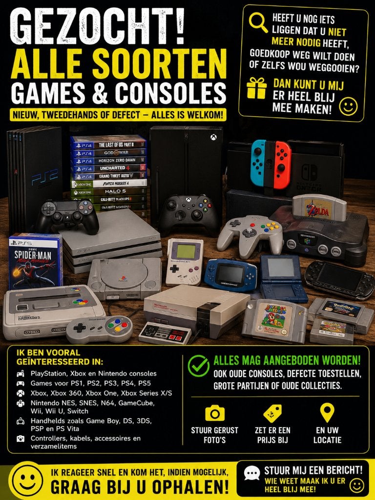Gezocht: Alle soorten games & consoles – Nieuw, gebruikt, Ophalen, 1 speler, Zo goed als nieuw, Vanaf 3 jaar