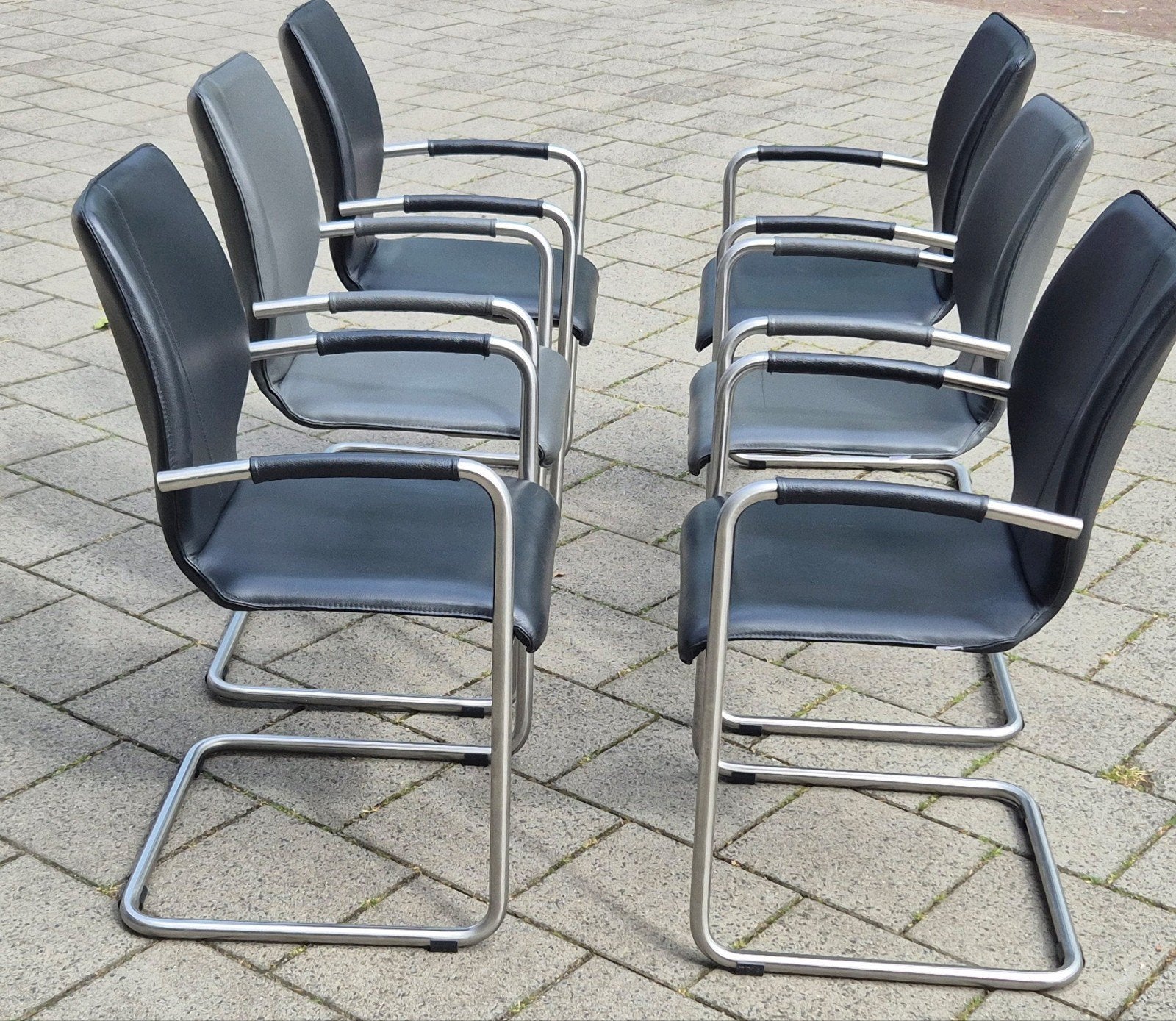6x Bree's New World Lunette design eetkamerstoelen Leder, Ophalen, Gebruikt, Zwart, Vijf, Zes of meer stoelen