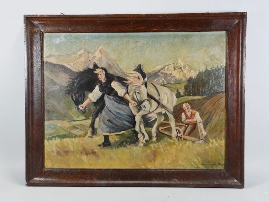 antiek schilderij ``Alpen Landleven`` 1950 op paneel, Antiek en Kunst, Kunst | Schilderijen | Klassiek, Ophalen, Paneel, Gedateerd