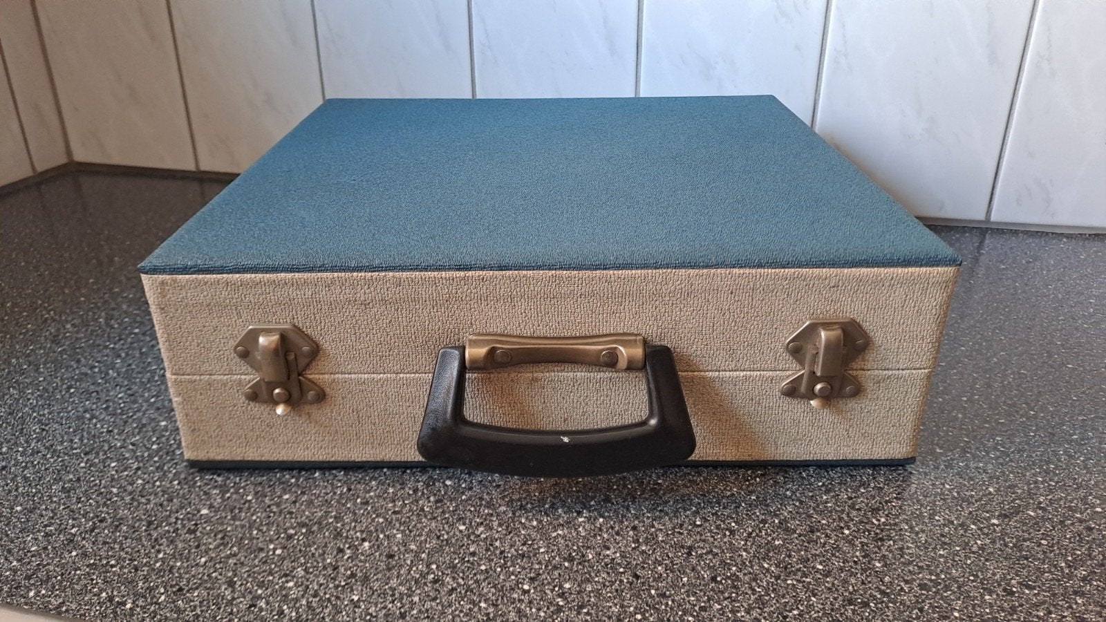 Vintage Cheney Platenkoffer - Blauw/Beige, Cd's en Dvd's, Vinyl | Overige Vinyl, Ophalen of Verzenden, Zo goed als nieuw