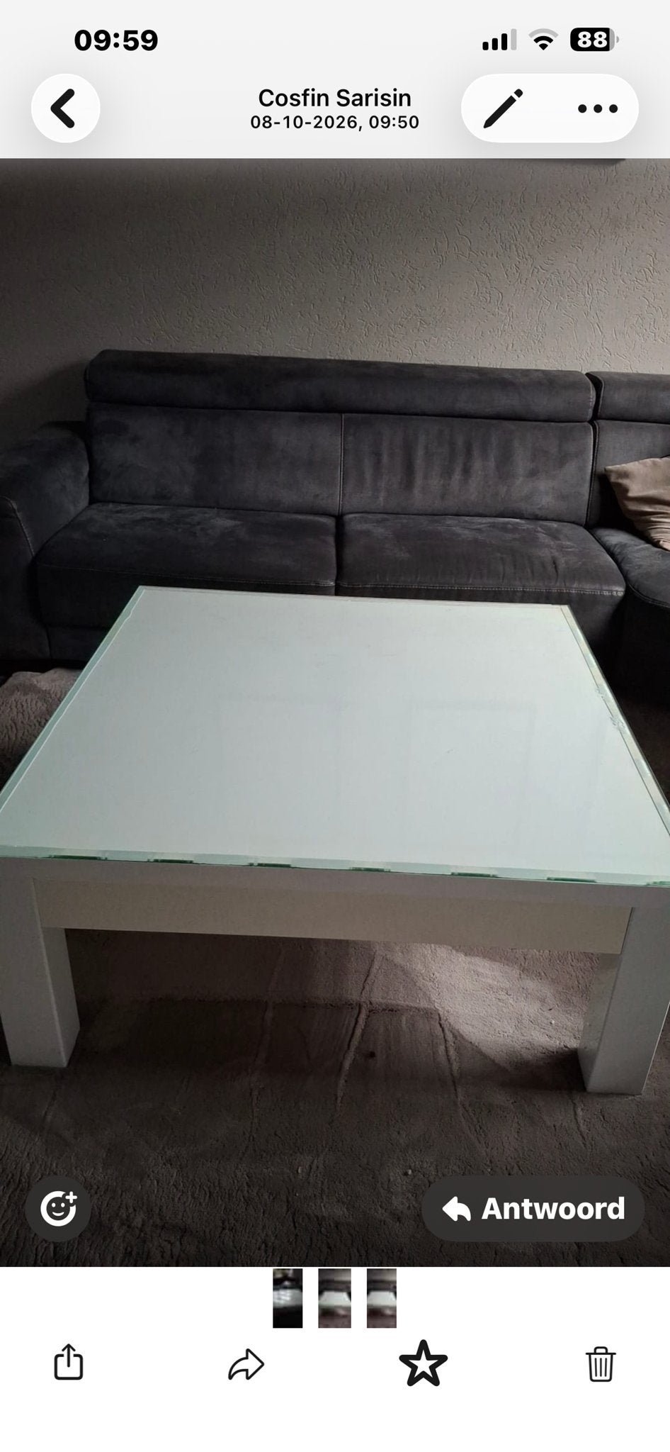 Salontafel 100x100 cm met glazen blad, Ophalen, Gebruikt, 100 tot 150 cm, Vierkant