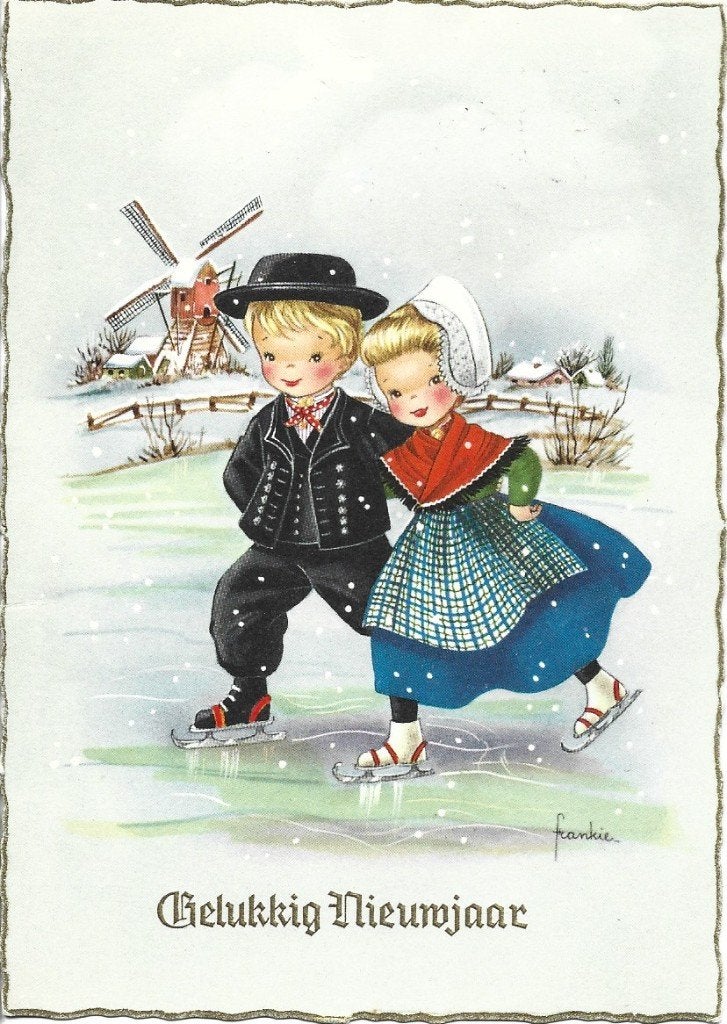 Gelukkig Nieuwjaar*Illustrator Frankie*Schaatsen*Kinderen, Verzamelen, Ophalen of Verzenden, 1940 tot 1960, Gelopen, Feest(dag)