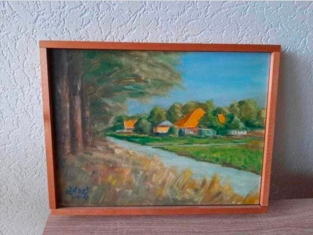 Olieverf schilderij boerderij huizen bos bomen meer natuur, Ophalen of Verzenden, Klassiek, Olieverf, Landschap