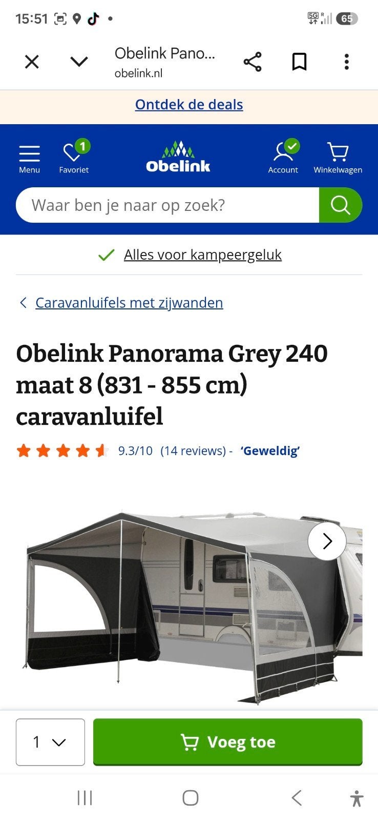 Obelink Panorama Grey 240 caravanluifel maat 8, Ophalen, Nieuw, Overige merken