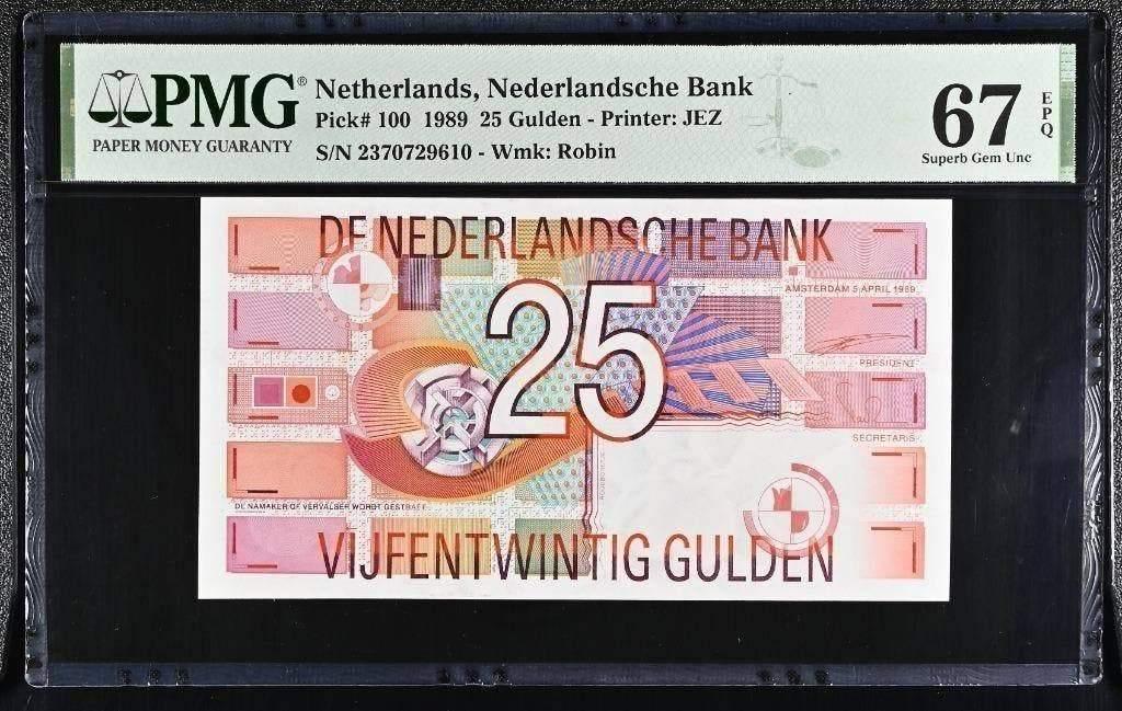UNC biljet 25 gulden Roodborstje, 1989 | PMG 67 EPQ, Postzegels en Munten, Bankbiljetten | Nederland, Ophalen of Verzenden, 25 gulden