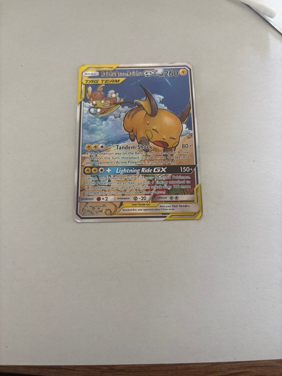 Raichu & Alolan Raichu GX TAG TEAM Pokémon Kaart, Ophalen of Verzenden, Zo goed als nieuw, Losse kaart, Foil