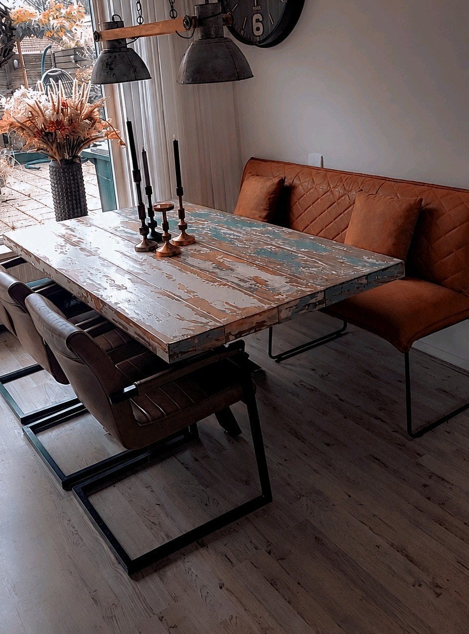 Eetkamerbank cognac leer met 4 bijpassende stoelen, Huis en Inrichting, Stoelen, Ophalen, Bruin, Leer, Zo goed als nieuw