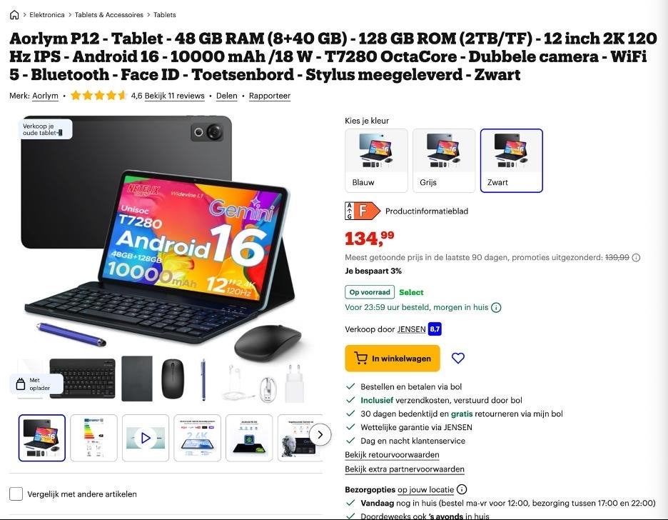 Aorlym P12 Tablet - 12 inch 2K IPS - Android 16 - Zwart, Computers en Software, E-readers, Nieuw, Uitbreidbaar geheugen, Ophalen