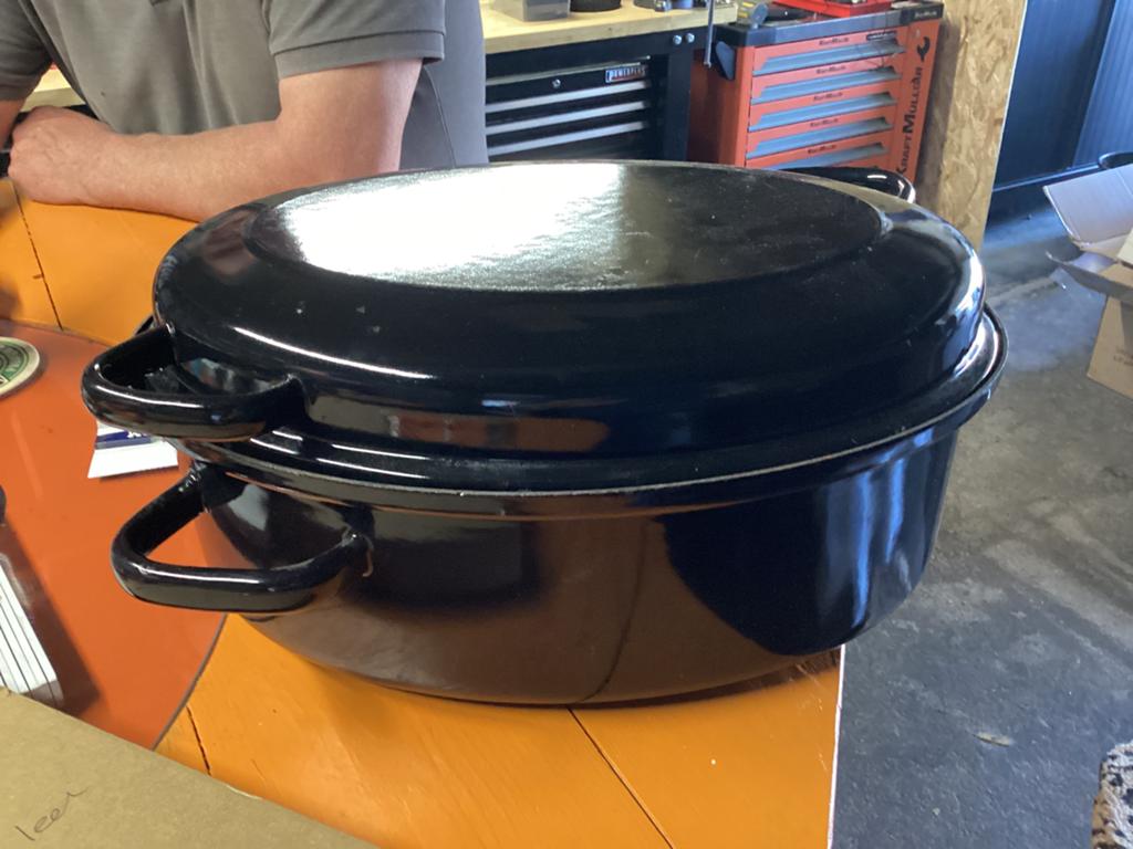 Geemaileerde plaatstaal wild braadpan, Ophalen of Verzenden, Zo goed als nieuw, Gietijzer, Koekenpan of Braadpan