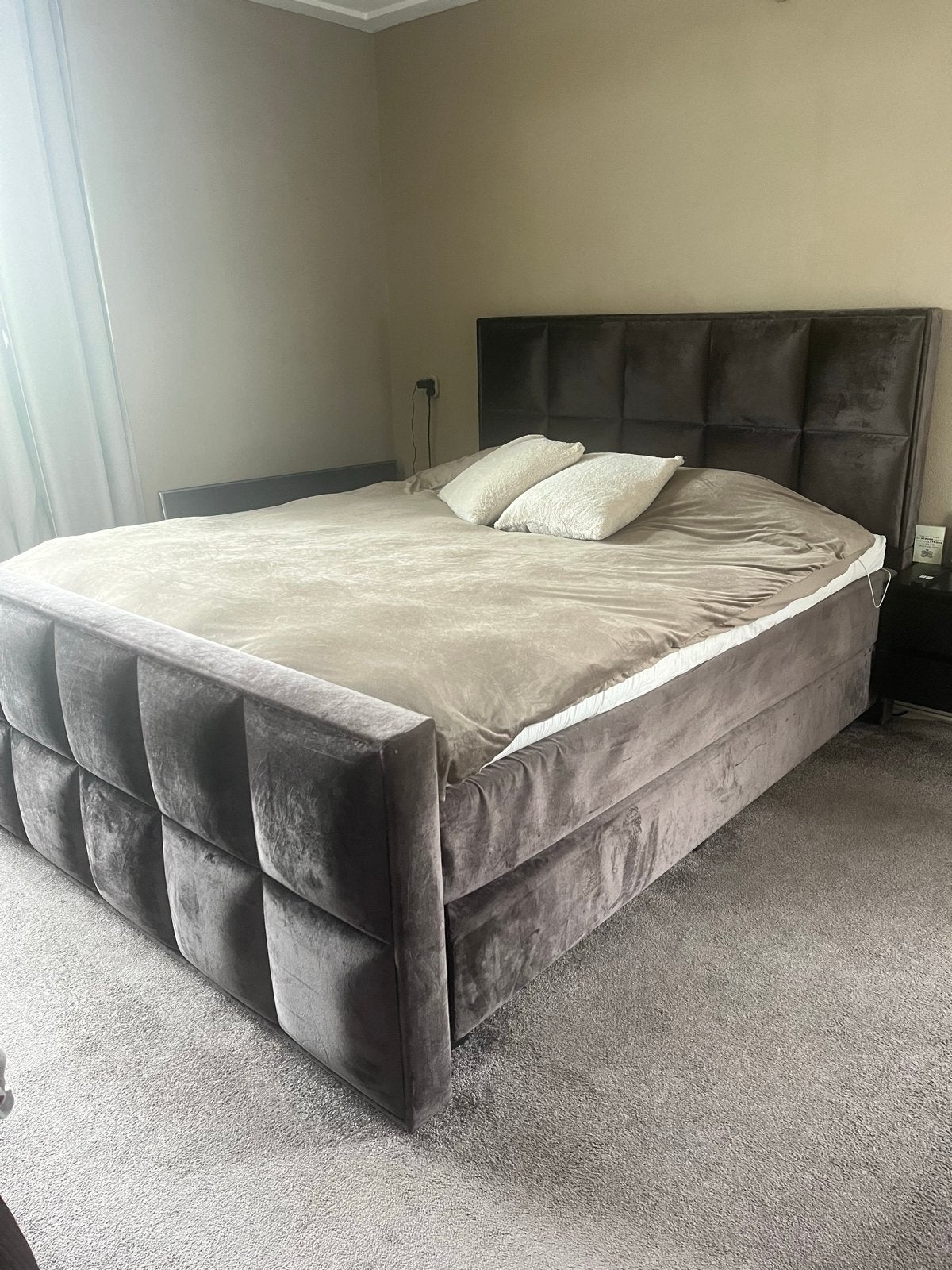 Boxspring 180x210 in donkerbruin, Ophalen, Gebruikt, Bruin, 210 cm