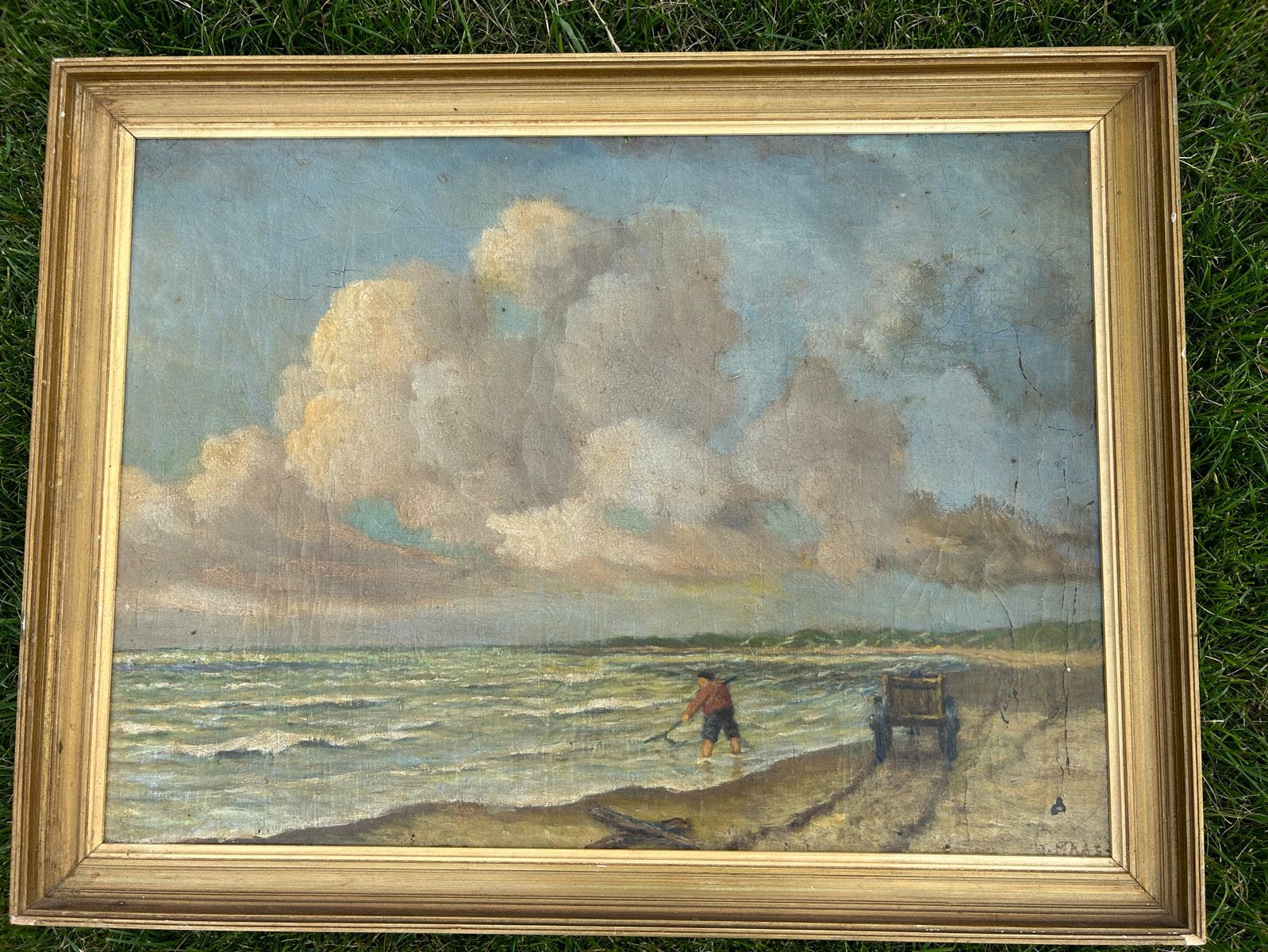 Oud schilderij van strandgezicht met visser - J. Maas, Ophalen of Verzenden