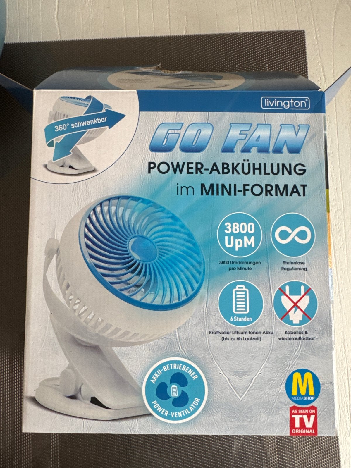 Livington Go Fan - Krachtige mini ventilator met clip, Ophalen of Verzenden, Nieuw, Tafelventilator