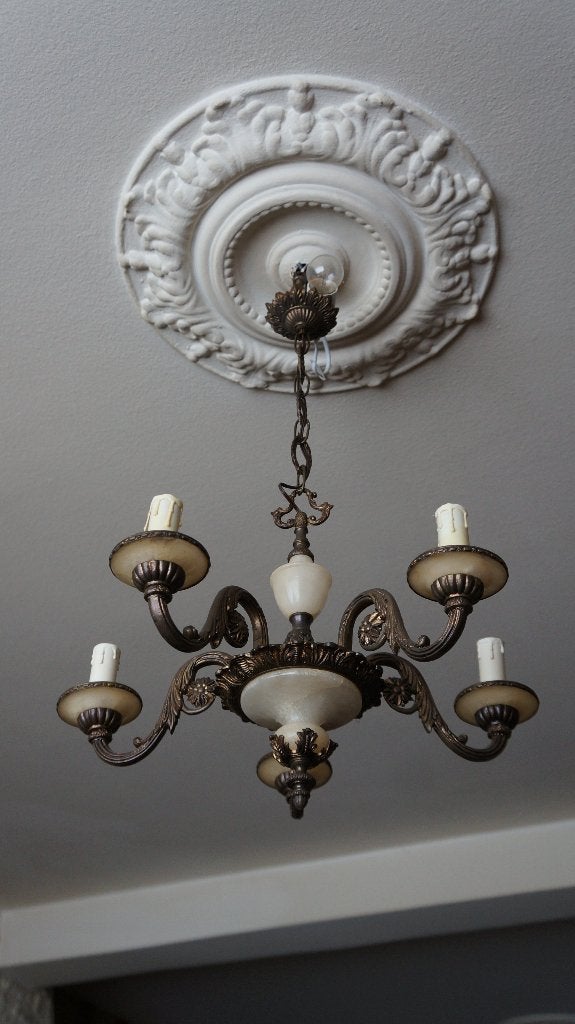 Mooie oude vintage hanglamp met 5 fittingen, Huis en Inrichting, Lampen | Hanglampen, Ophalen, Gebruikt, Klassiek, E14 (klein)