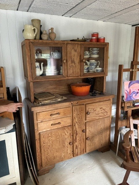 Vintage houten keukenkast / buffetkast, Ophalen, Gebruikt, Glas, 25 tot 50 cm
