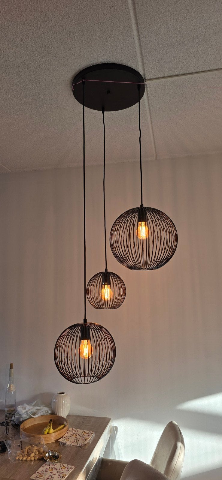 Moderne hanglamp met 3 draadbollen - Zo goed als nieuw, Ophalen, Zo goed als nieuw, Metaal