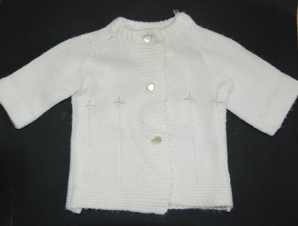 Schattig Vintage wollen babyvestje + bloemetjes Dralon 60s, Verzenden, Gebruikt, Jongetje of Meisje, Truitje of Vestje