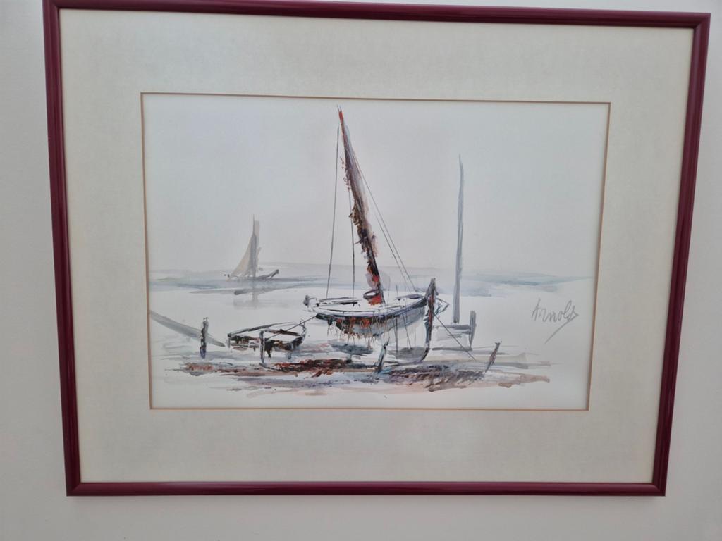 Schilderij van Arnols: Boten aan de kust, Antiek en Kunst, Ophalen