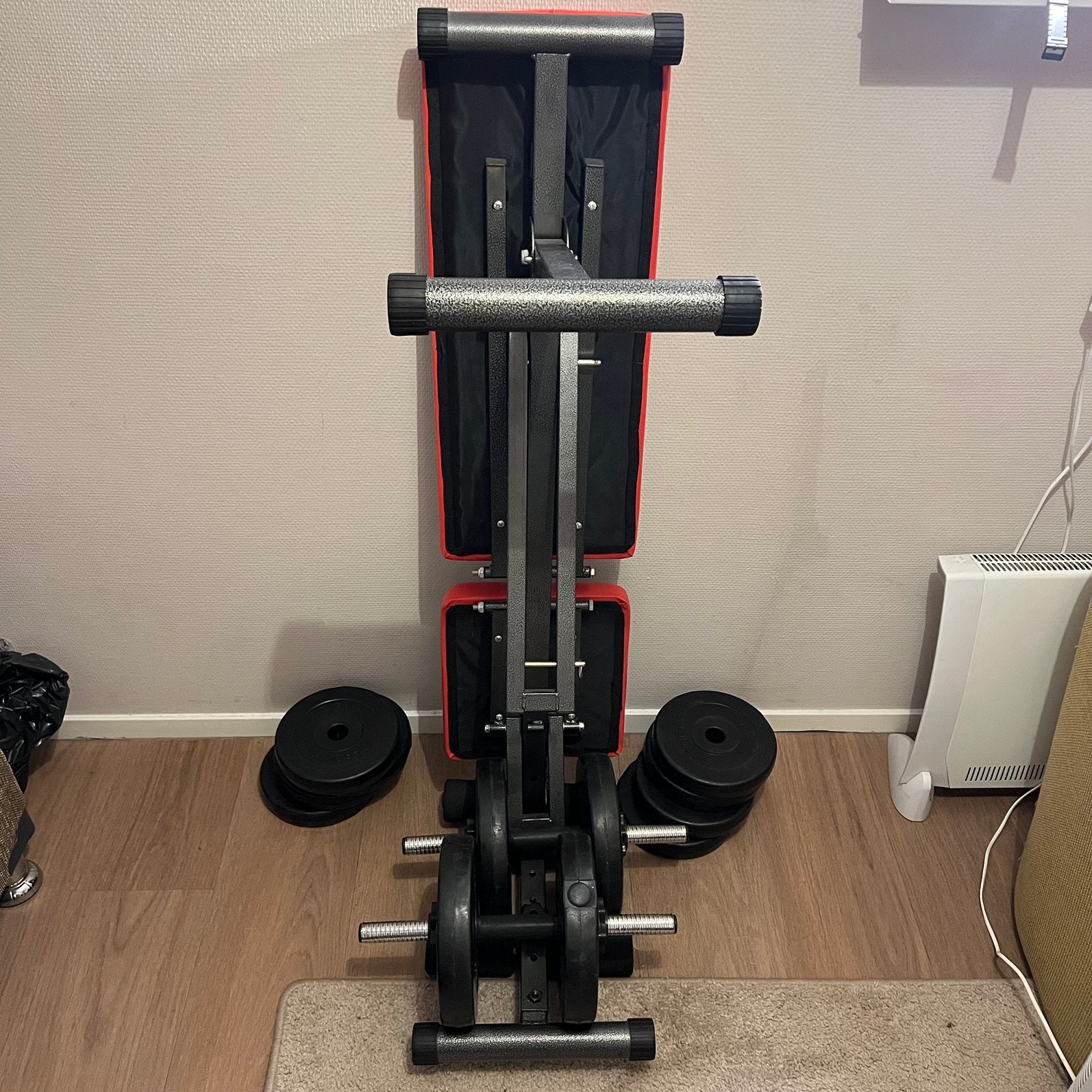 Fitnessset halterbank + 2 halterstangen + 40 kg gewichten, Ophalen, Gebruikt, Benen, Krachtstation