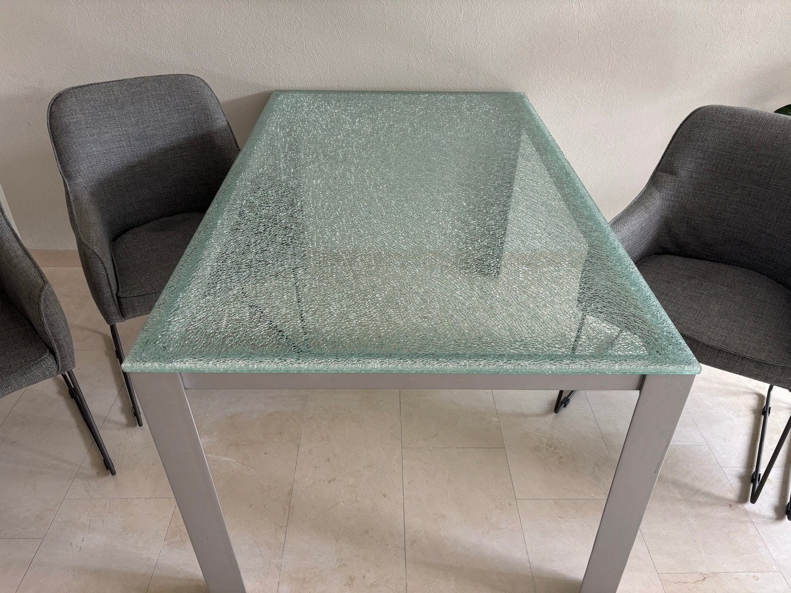 Eethoek met glazen tafel en 4 stoelen, Ophalen, 100 tot 150 cm, 50 tot 100 cm, Vier personen