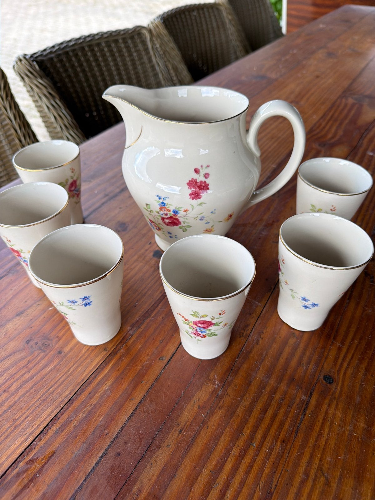 Vintage Melkset Chodziez Polen met 6 bekers - Bloemenmotief, Antiek en Kunst, Antiek | Servies los, Ophalen of Verzenden