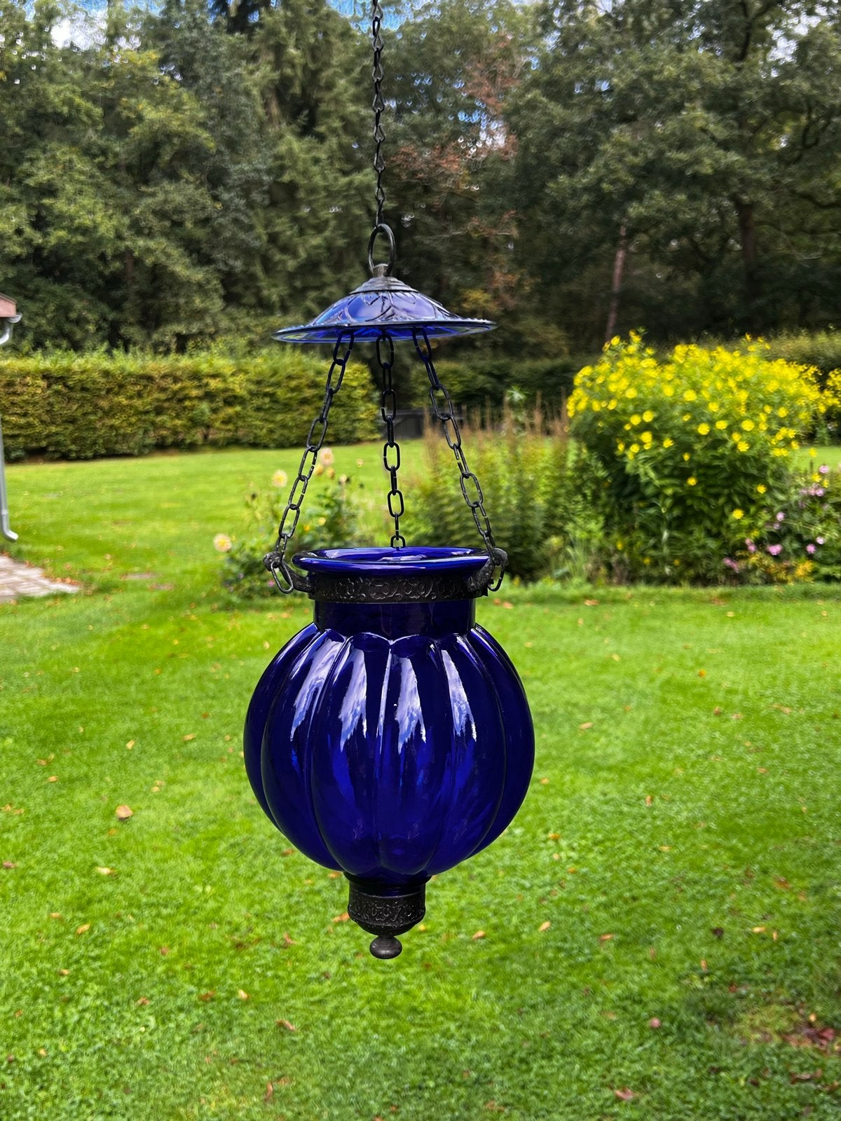 Vintage Blauwe Glazen Pompoen Lantaarn Tuindecoratie, Antiek en Kunst, Ophalen of Verzenden