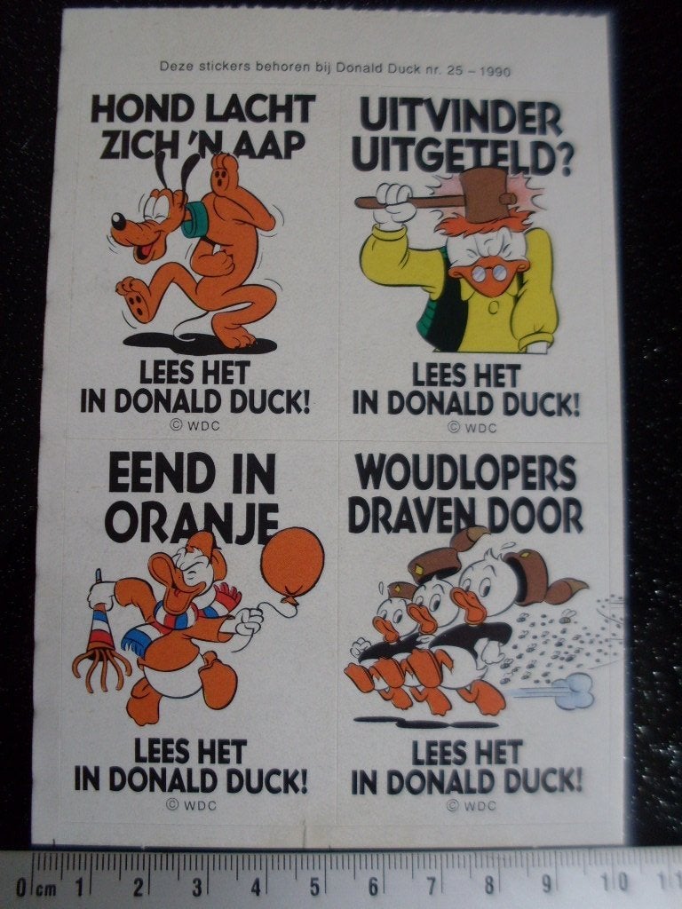 4x sticker Donald Duck 1990 humor lees het in, Verzenden, Zo goed als nieuw, Strip of Tekenfilm